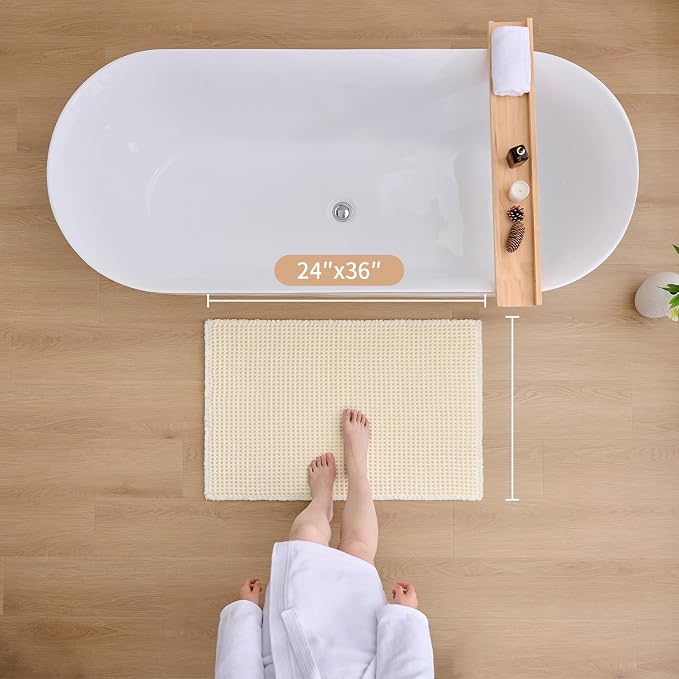 ILANGO Upgraded Waffle Bath Mat,Super Absorbent Boho Non Slip Bathroom Rugs Quick Dry,Ultra Soft Machine Washable Mats with Tassels for Floor,24x36,Cream White