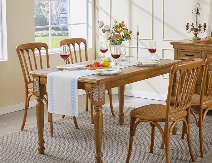Wracra Embroidered Table Runner Irregular Willow Leaf Table Runners 60 Inches Long for Dresser Home Dining Table Decor,14 x 60 Inch, Blue