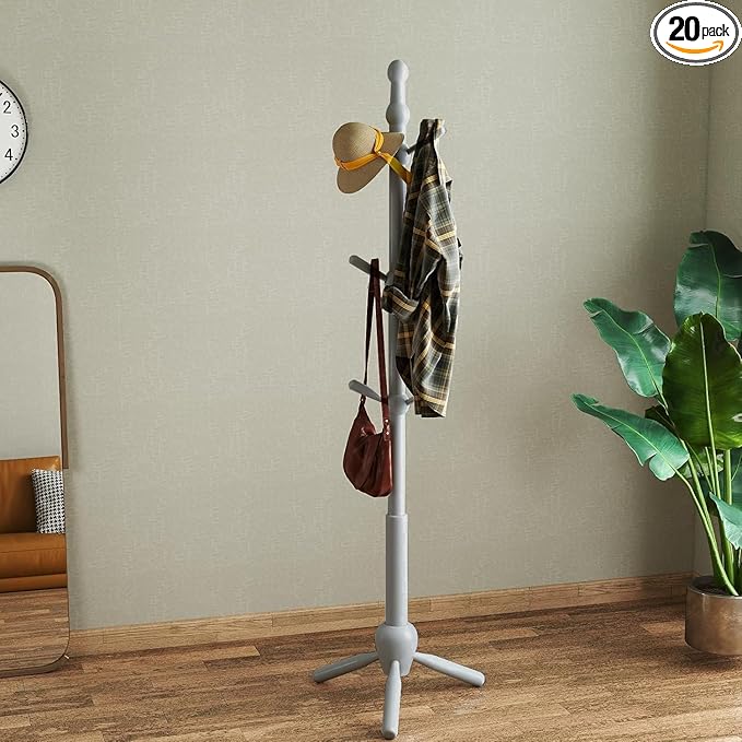Solid Wood Coat Rack Stand, Vintage Heavy Duty Coat Hanger Stand with 9 Hooks, 3 Adjustable Size Sturdy Coat Tree for Living Room, Entryway, Office, Hallway, Grey