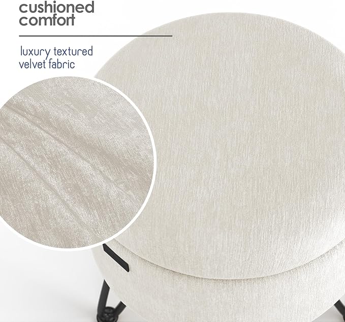 Round Ottoman with Storage, Textured Velvet Storage Ottoman, Foot Stool Ottomans, Makeup Vanity Stool, Small Ottomans Foot Rest, Modern Vanity Stools for Living Room and Bedroom, Cream