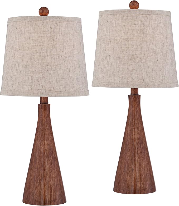 360 Lighting Fraiser 23 1/2" High Cone Small Mid Century Modern Accent Table Lamps Set of 2 Brown Wood Finish Cottage Core Living Room Bedroom Bedside Nightstand House Office Home Oatmeal Shade