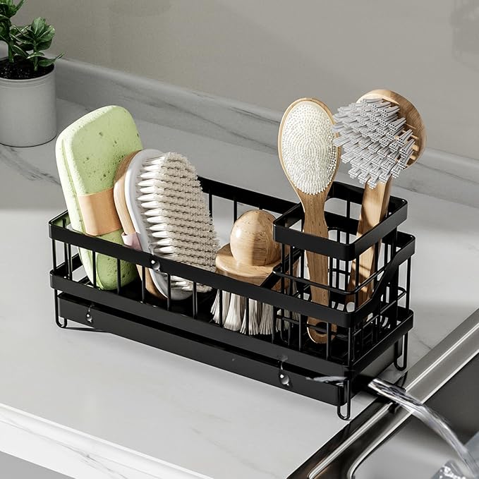 Sponge Holder,Kitchen Sink Caddy Organizer with High Brush Holder, Stainless Steel Kitchen Countertop Organizers and Storage Accessories,Soap Dispenser Organize (Black, 9.65"*3.94"*3.94")