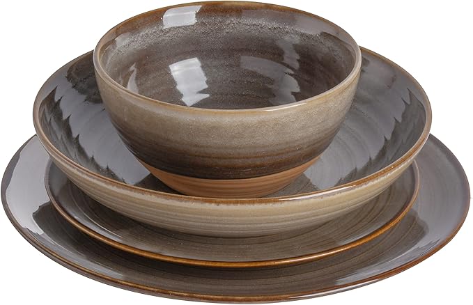 Gibson Elite 16 Piece Dreamweaver Double Bowl Terracotta Reactive Dinnerware Set - Earthy Brown, Service for 4 (16pcs)