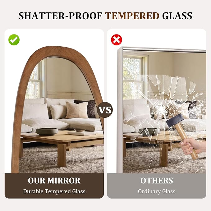 WallBeyond 22x65 Inch Irregular Pebble Full Length Mirror with Stand, Tempered Glass Floor Mirror with Wooden Frame,for Bedroom, Living Room, Cloakroom(Walnut)