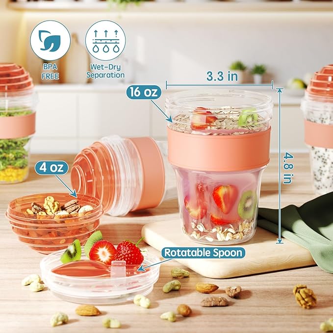 4 Pack Yogurt Parfait Cups with Lids Reusable, 20 oz Plastic Overnight Oats Containers To Go with Granola Compartment and Lids Spoon, Cereal Containers for Oatmeal, Snack, Breakfast Prep (Orange)