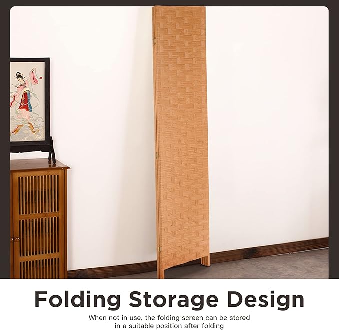 Wood Mesh Woven Design 4 Panel Folding Wooden Screen Room Divider