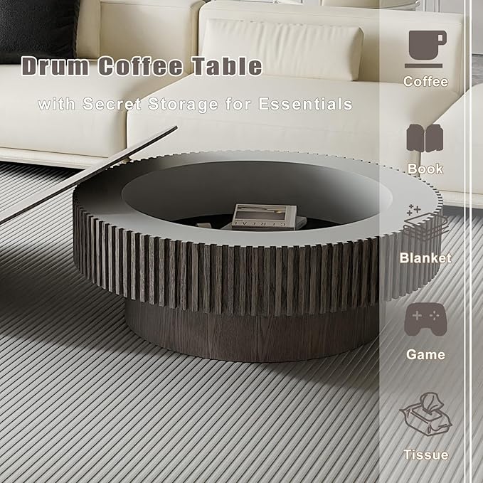 39'' Round Coffee Table with Storage, Modern Wooden Coffee Table with Solid Wood Veneered, Circle Center Table Accent Tea Table for Living Room Apartment Grey