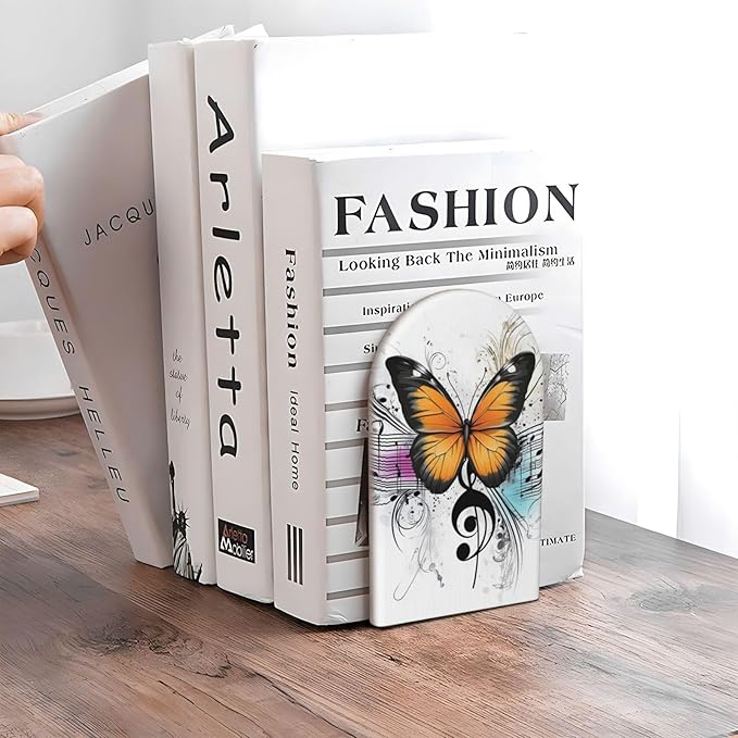 Yellow Butterfly Musical Note Vector Illustration Wood Book Ends for Shelves, Non-Skid Bookends for Office, Library, and Home Decor, 1 Pair