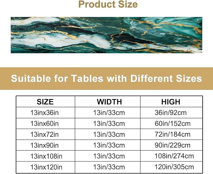 Marble Table Runner,Modern Luxury Abstract Art Teal Marble Texture Pattern Table Runner for Coffee Table Dining Room Table Bedroom Party Holiday Decor 13x120inch