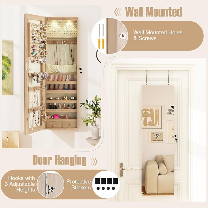 GOFLAME Jewelry Cabinet Wall Door Mounted, 47.5” Frameless Full Length Mirror with Storage & LED Lights, Lockable Jewelry Armoire Organizer for Women, Girls, Light Oak