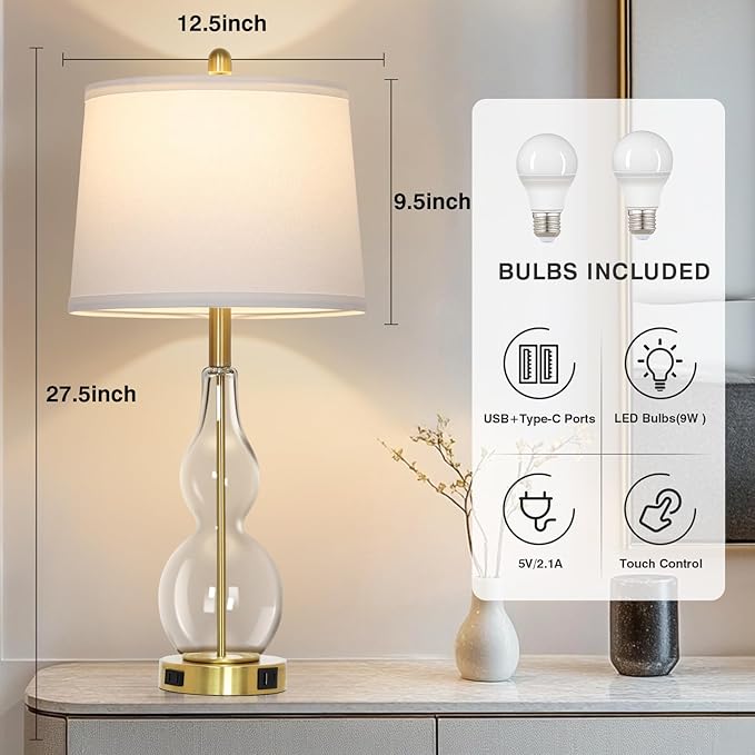 Rinweey 27.5" Clear Glass Table Lamp Set of 2,3-Way Dimmable Touch Control Bedside Lamps with USB Ports and AC Outlet, Modern Nightstand Lamps Gold lamp for Bedroom Living Room