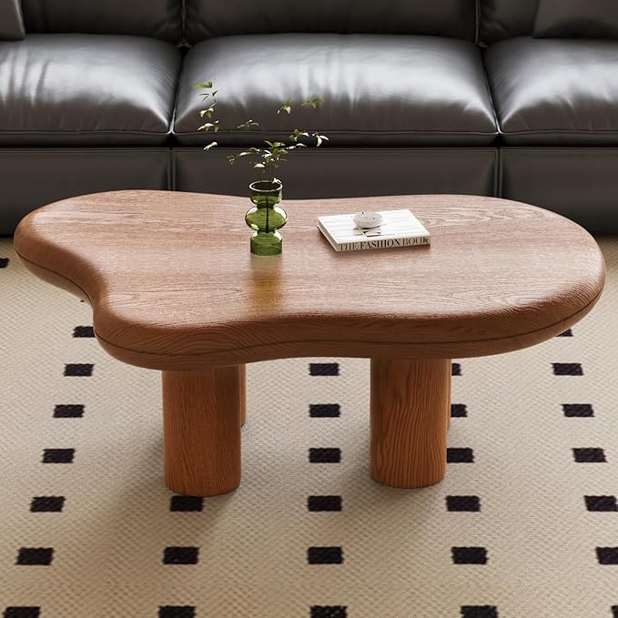 Guyii Cloud-Shaped Coffee Table, Modern Sofa Table with 4 Legs, Walnut Finish Center Table, Small Irregular Tea Table for Living Room, Bedroom, Easy Assembly
