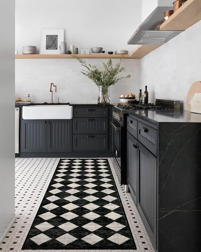 Lahome Moroccan Trellis Runner Rug - 2x8 Black Hallway Runner Rug with Rubber Backing, Checkered Kitchen Non Skid Carpet Runners Washable Indoor Mat for Camper Entryway Bathroom Hardwood Floor
