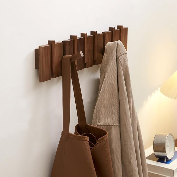 QUELLANCE Wood Coat Rack Wall Mount, Coat Hooks Hanger Wall Mounted, Heavy Duty Wall Coat Rack with 8 Hooks for Hanging Coats/Keys/Hats/Robe&Towels/Plants/Bags, Walnut