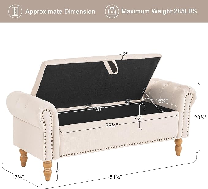 Furniliving 51” Storage Benches, End of Bed Bench with Button-Tufted Large Upholstered Storage Ottoman Linen Window Bench with Storage Shoe Cabinet Bench, for Bedroom, Entryway, Closet, Beige