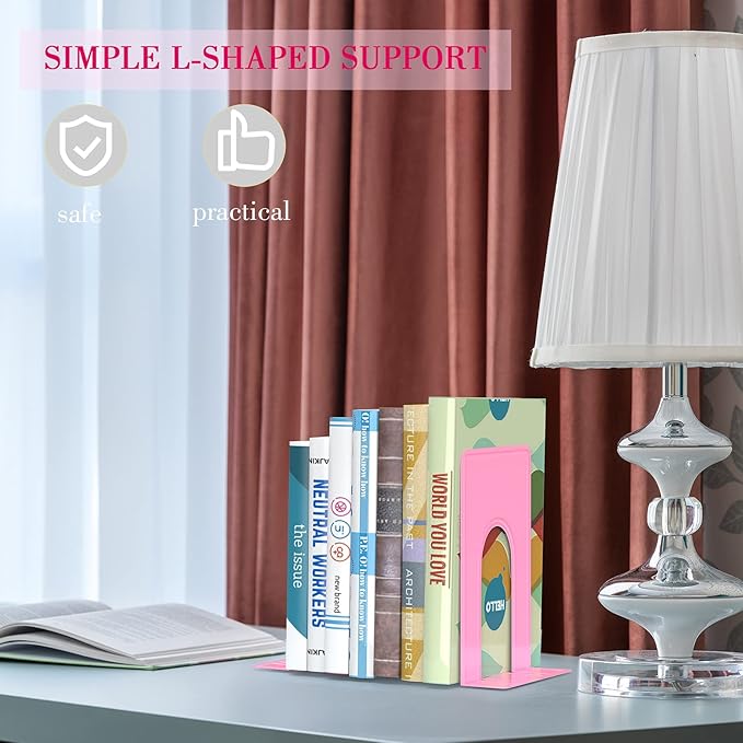 Optomni Bookends, Book End Supports Heavy Duty Metal Bookend Support, Book Ends Supports for Shelves Decor Home Office School (2 Pairs/4 Pieces, Pink)