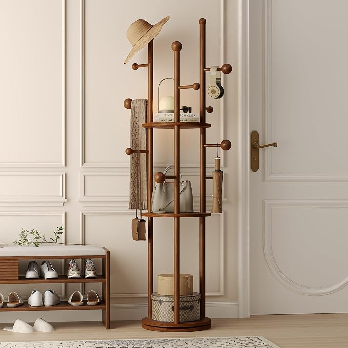 FROMJBEST Solid Wood Coat Rack Freestanding Rotating Clothes Rack with 9 Hooks & 3 Storage Shelves for Purse, Bag, Hat, Coat Hanger Stand for Entryway, Hallway, Office, Mid-Centry, Walnut