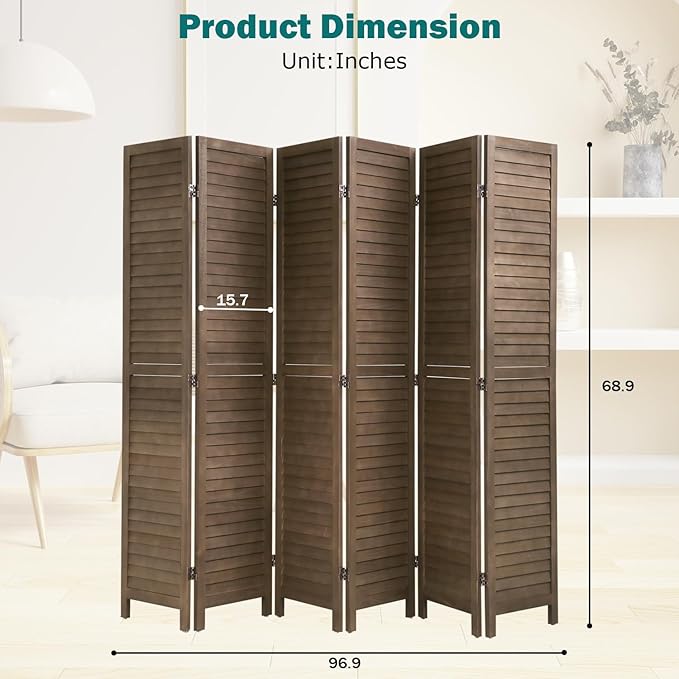 PayLessHere Room Divider Wood Privacy Screen 5.75 Ft Indoor Folding Portable Partition Screen for Bedroom Office Restaurant (Brown, 6 Panel)