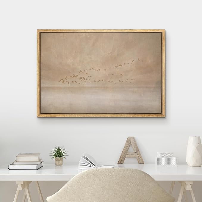 MUDECOR Framed Canvas Print Wall Art Minimalist Flock of Birds Over Neutral Landscape Illustrations Minimalism Decorative Bohemian Zen for Living Room, Bedroom, Office - 16"x24" NATURAL