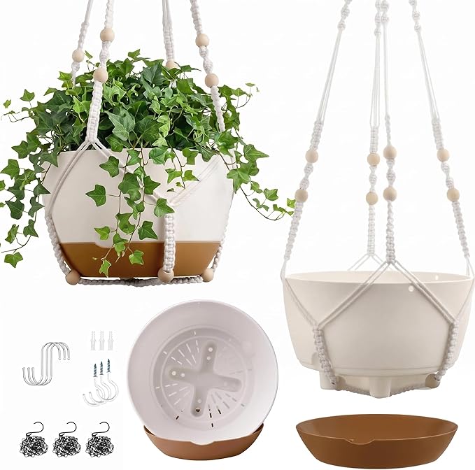 FUSHITON 3 Pack Hanging Planters for Indoor & Outdoor Plants, 10+10+8 Inch Self-Watering Pots with 2 Types of Hangers, Removable Saucer and Drainage Holes for Garden Home Decor - White