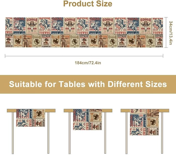 Vintage Cowboy Table Runner, Retro Western Rodeo Poster Home Decor Table Runner for Kitchen Dining Cafe Party, 13x60 Inch