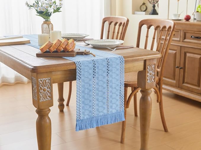 YATOJUZI Blue Table Runner Pure Blue Boho Table Runners with Tassels 48 Inches Seasonal Small Table Runner Rustic Farmhouse Table Runners for Bohemian Dining Bedroom Kitchen Decor 12x48 Inches