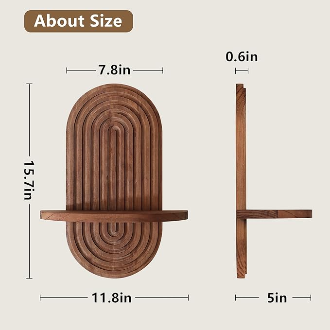 Heiple Set of 2 Boho Arched Floating Shelves 15.7”x 7.8”3D Wooden Hanging Shelf for Living Room Bedroom Nursery Mid Century Modern Wall Decor(Dark Brown, 11.7 * 15.7)