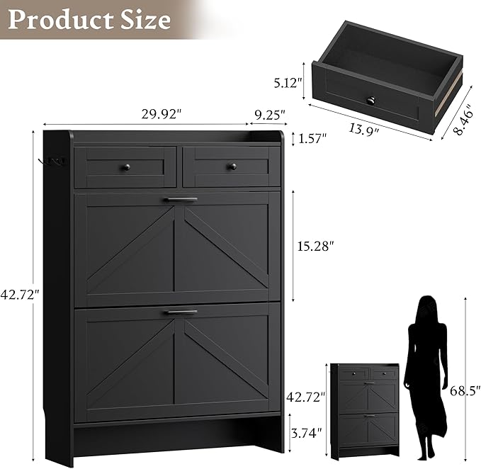 BORNOON Shoe Storage Cabinet for Entryway, Farmhouse Narrow Shoe Cabinet with 2 Flip Drawers & Top Drawers, Adjustable Shelves & Hooks, Freestanding Hidden Rack Organizer for Hallway, Foyer