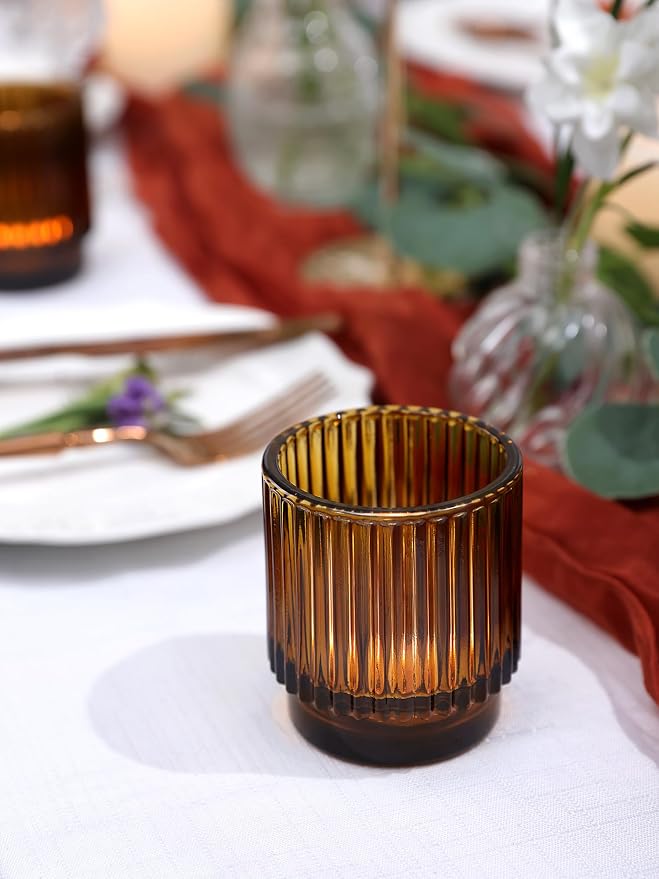 DEVI 8pcs Ribbed Amber Votive Candle Holder for Boho Wedding Decor, Amber Glass Candle Holder for Tea Lights, Vintage Boho Party Home able Decorations, Boho Fall Centerpiece Table Decorations,