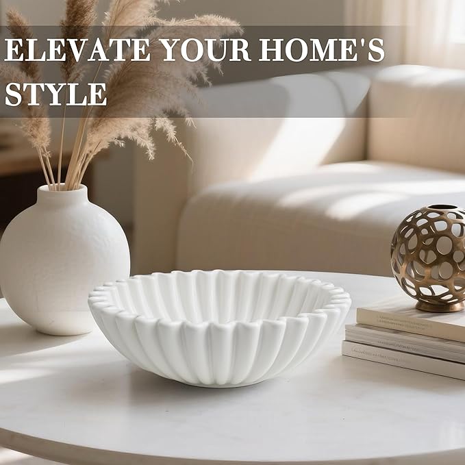 Decorative Bowl for Home Decor, 9.6" Modern White Scalloped Fruit Bowl for Coffee Table, Entryway Table, Kitchen Counter, Centerpiece for Keys or Candy