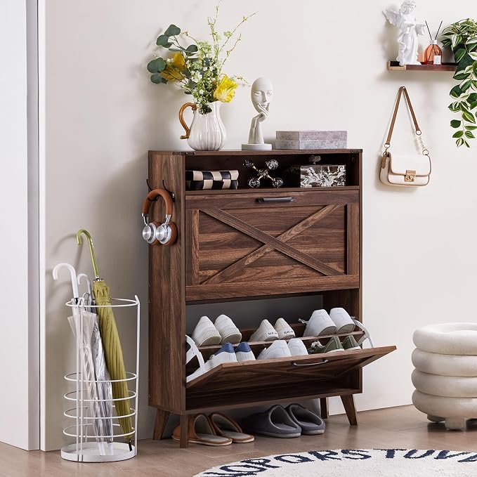 Joaxswe Shoe Cabinet Storage for Entryway with 2 Flip Drawers 2 Hook Open Storage Layer Rack Narrow Organizer Slim Hidden Wood Shoe Cabinet Furniture Walnut