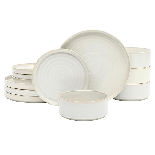 Gibson Elite Echo Bay 12 Piece Porcelain Reactive Glaze (Service for 4) Ceramic Plates and Bowls Modern Stackable Dinnerware Set - White