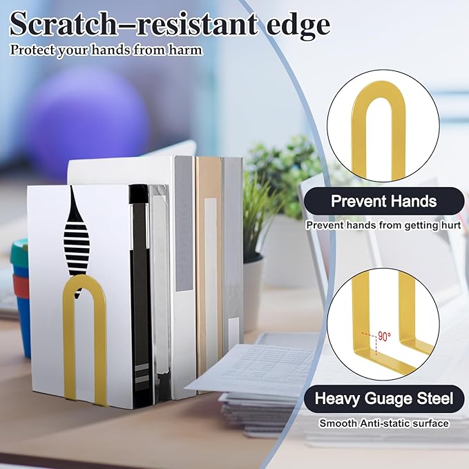 Chunful 12 Pcs Modern Metal Book Ends for Shelves Decorative Small Bookends Book Shelf Organizer Minimalist Design Stopper to Hold Books for Office (Round,Gold)