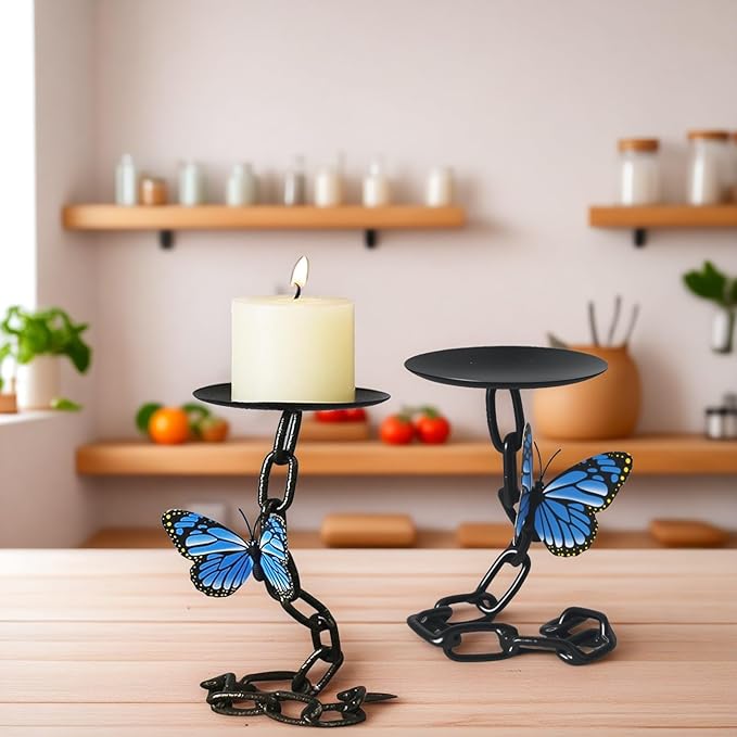 (2 Pack) Matte Black Iron Pillar Candle Holder, with 1 Magnetic Butterfly, Vintage Decor，Candle Holders for Living Room Decoration,Table Decor Without Candles