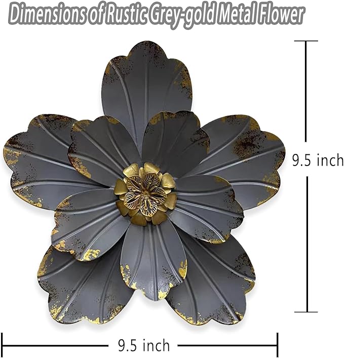 Metal Flower Wall Sculpture, 9.5" Rustic Modern Artwork Distressed 3D Layered Vintage Iron Flower Wall Hanging Accent for Indoor Kitchen, Bedroom Living Room Office Outdoor Garden Patio Decor (Grey)