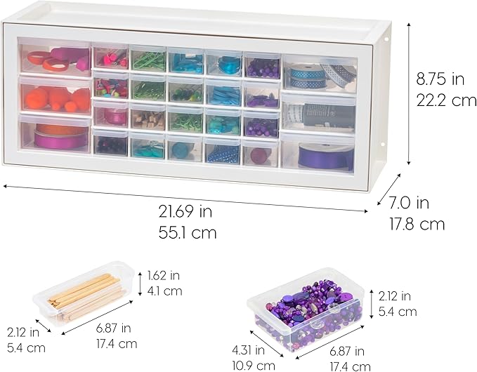 IRIS USA 26-Drawer Teacher Toolbox, Made in USA, Stackable Plastic Storage Drawers for Crafts, Stickers, Crayons, Markers, Beads, Hardware, Building Bricks, Organizer Cabinet, Garage Storage, White