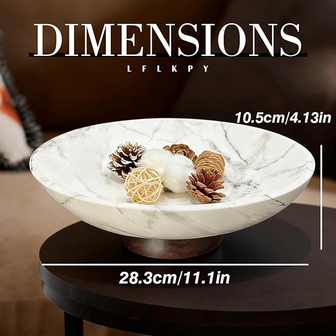 White Marble Texture Decorative Bowl with Acacia Wood Base – 11" Modern Pedestal Fruit Bowl for Table Centerpiece, Entryway or Kitchen Décor