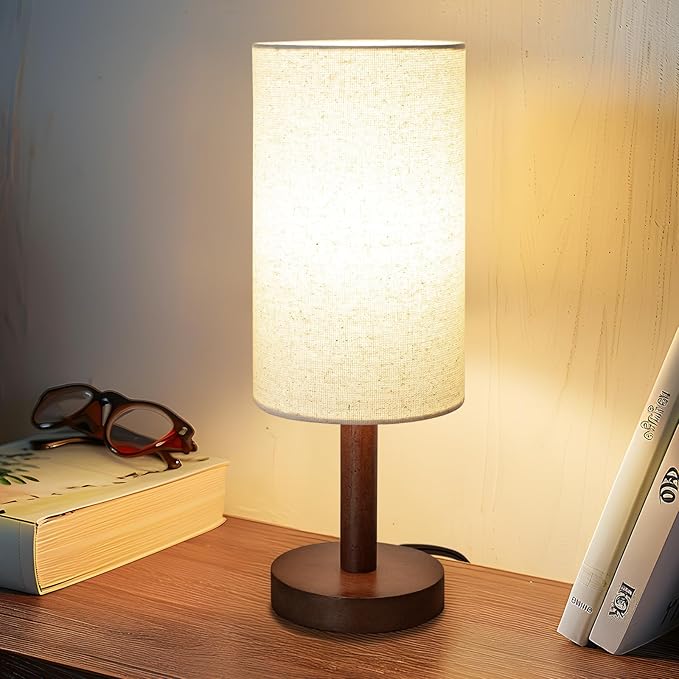 LALISU Small Table Lamp Nightstand Lamp Linen Lampshade Bedroom Wood Base Small Bedside Lamp for Night Stands, Desk Lamps for Reading Living Room, Office (LED Bulb Included) (Black-Walnut Wood（2）)
