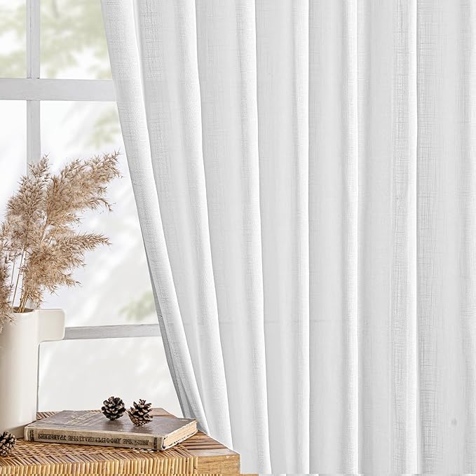 MIULEE White Linen Curtains Short 48 Inch Long 2 Panels for Kitchen Bedroom, Soft Thick Linen Textured Window Drapes Semi Sheer Light Filtering Back Tab Rod Pocket Burlap Look Decor