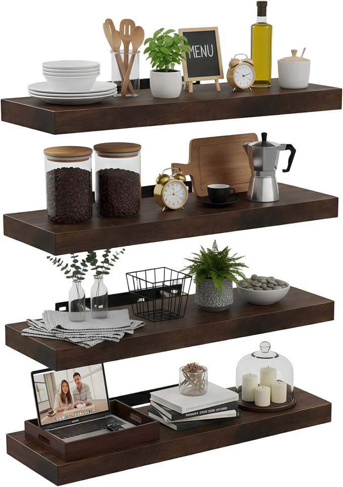 Lufia Floating Wall Shelves, Set of 4, MDF with Invisible Brackets, Modern Storage for Bedroom, Bathroom, Living Room, Kitchen (Rustic Brown, 15.8" W x 5.5" D x 1.2" H (4 Pieces))