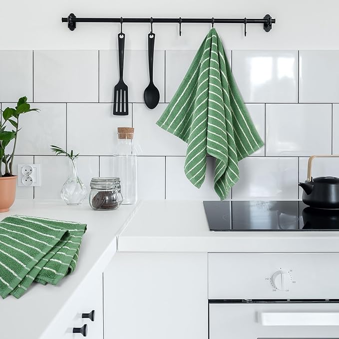 Jacquotha Hand Towels for Bathroom Green Striped - 2-Piece Premium Quick Drying Towels for Kitchen Spa Workout, Stylish Compact for Hand Face Hair, 14” x 29”