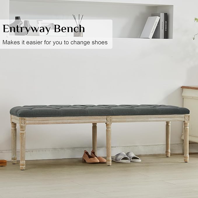 LOULENS 57.7" Linen Fabric End of Bed Bench, French Upholstered Button Tufted Bench for Bedroom End of Bed, Window Seat with Carved Wood Legs for Bedroom, Living Room, Entryway, Dark Grey