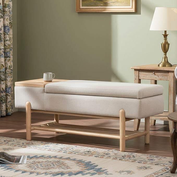 Shunzhi Modern Entryway Storage Bench, Upholstered Shoe Ottoman Bench, Flip-Top End of Bed Bench with Wood Shelf/Coffee Table for Living Room/Bedroom/Hallway/Under Window,46.5 Inches,Beige Linen