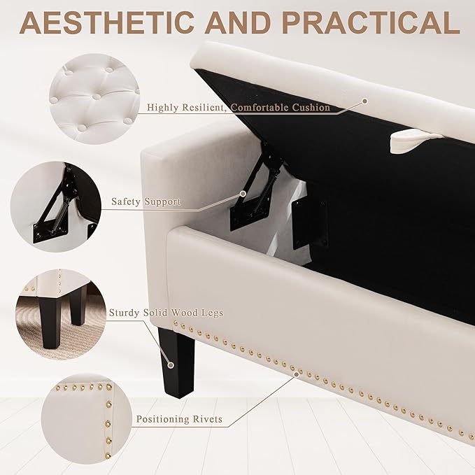 51" Storage Ottoman Bench, Velvet Large End of Bed Bench with Arms, Modern Storage Bench for Living Room, Bedroom, Entryway, Window, Holds up to 500 lb