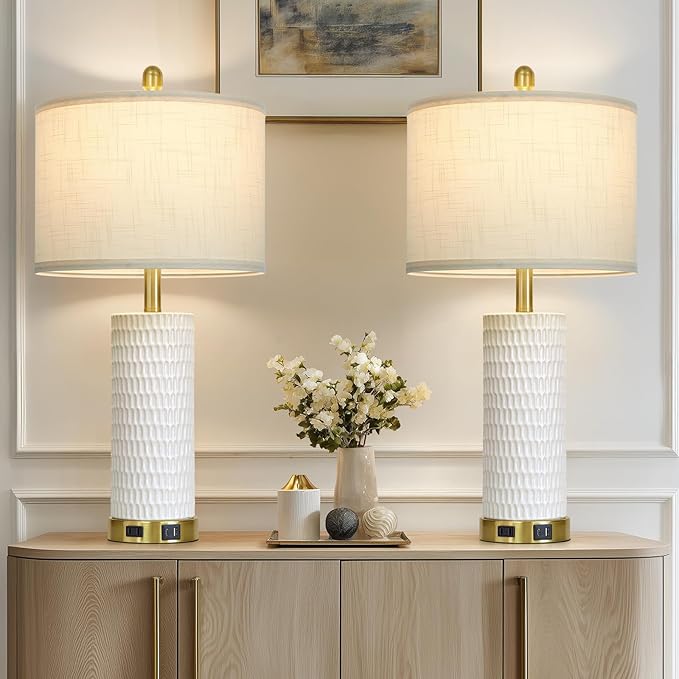 27" White Ceramic Lamps for Living Room, 3-Way Dimmable Touch Ceramic Table Lamp Set of 2 for Bedroom，Rustic Farmhouse Bedside Lamp with USB A+C & Outlets, Elegant Bedroom Lamp for Nightstand