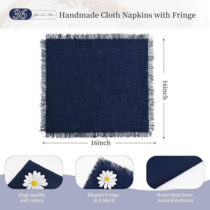 36 Pack Navy Blue Cotton Linen Napkins - 16 x 16 Inch Fringed Soft Washable Rustic Dinner Napkins for Wedding Party Dinner Table