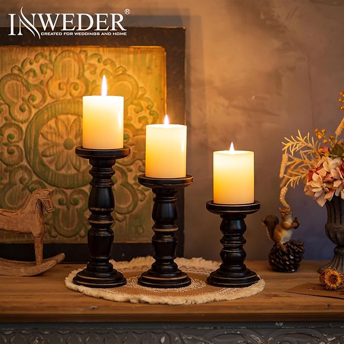 Wood Candle Holders for Pillar Candles, Solid Farmhouse Candle Holders (Set of 3), Tall Candle Holder, Stable Black Candle Holder for Home Decor, Fireplace, Event, Black