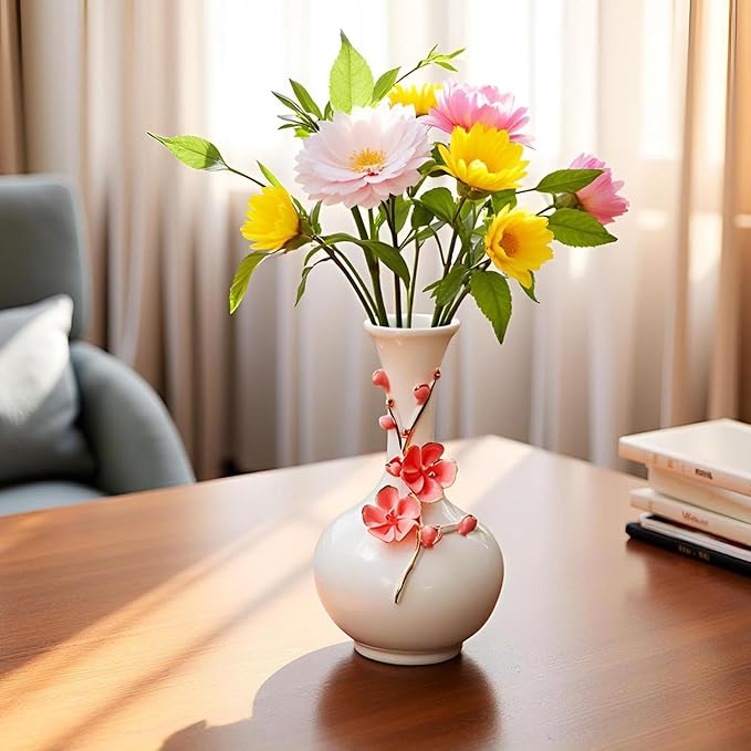MTME Porcelain vase with Flowers, Plum Blossom, Memorabilia, Wedding Gifts, Aesthetic Sculpture Home décor (Red)