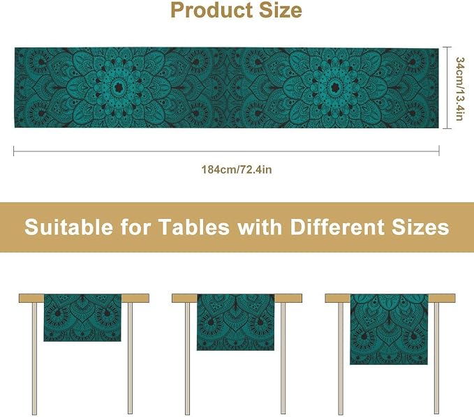 Boho Mandala Table Runners for Dinning Room, Bohemian Mandala Flower, Cotton Linens Green Table Runner Table Cloth for Wedding Party Holiday Home Decor, 13x108 Inch