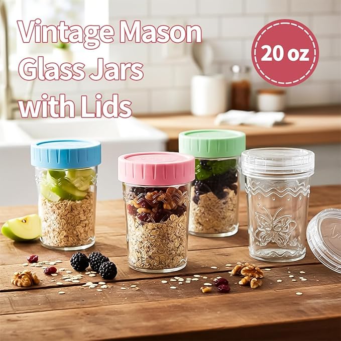 2-Pack 20oz Glass Jars with Lids, glass yogurt containers with lids, wide mouth mason jars, BPA free Food Storage Containers for Snacks, Yogurt, Salad, Meal Prep, Jar Déco (White)